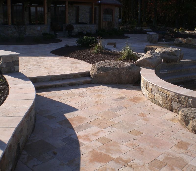 mesa red travertine french pattern tumbled pavers patio walkway