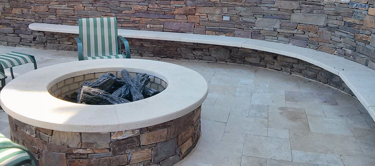 caramel travertine firepit and bench