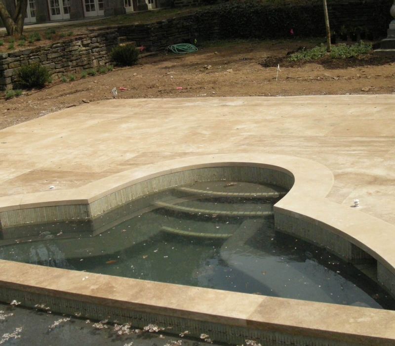 caramel travertine pool coping square edge and pool tile