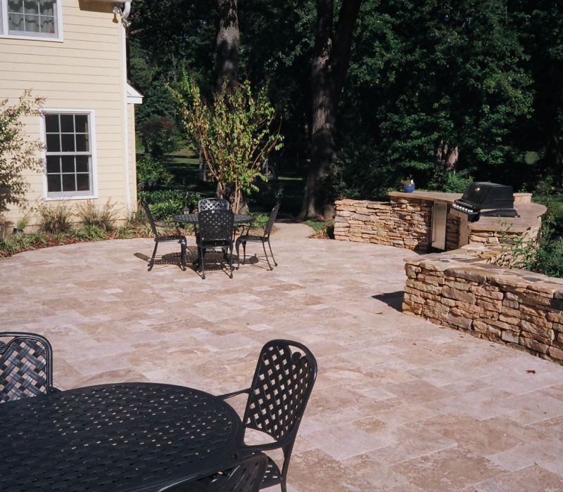 caramel walnut travertine pavers slab outdoor kitchen